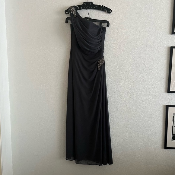Alex Evenings Gunmetal Formal Long Dress One Shoulder Embellished Gown - Picture 2 of 9